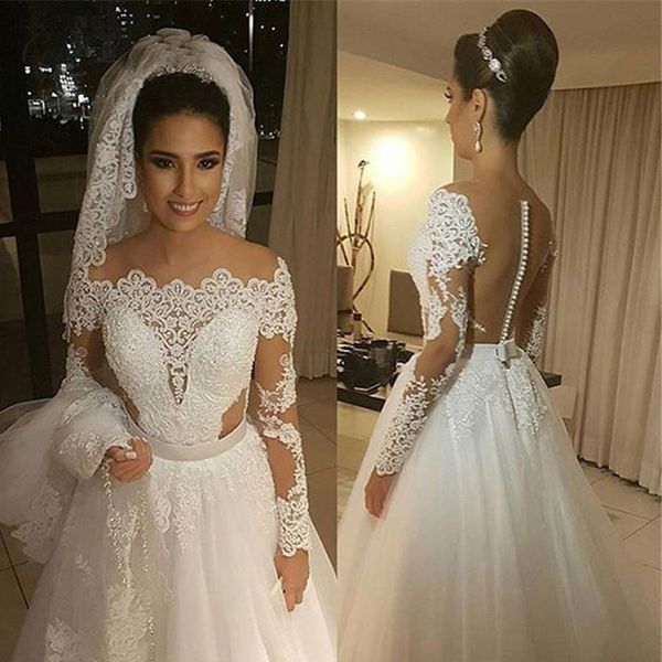 wedding dresses long sleeves arabic a-line wedding dress sheer neck beaded lace appliques see through back tulle bridal gowns sweep train, White
wedding dresses long sleeves arabic a-line wedding dress sheer neck beaded lace appliques see through back tulle bridal gowns sweep train, White