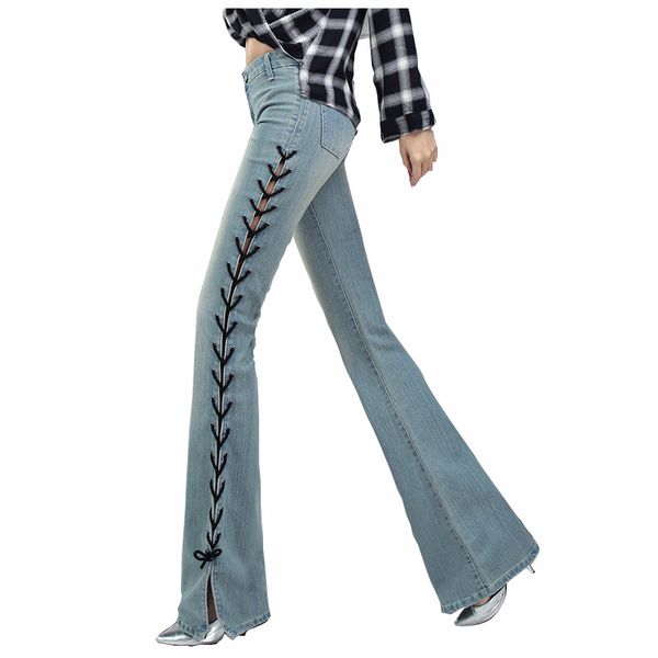 2018 new fashion long spring and summer bell-bottom jeans high waist split elastic boot cut women slim long trousers lacing up, Blue
2018 new fashion long spring and summer bell-bottom jeans high waist split elastic boot cut women slim long trousers lacing up, Blue
