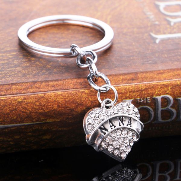 

12pc/lot fashion nana keychain love heart crystal rhinestone keyring family grandma grandmother key chains rings jewelry gifts, Silver