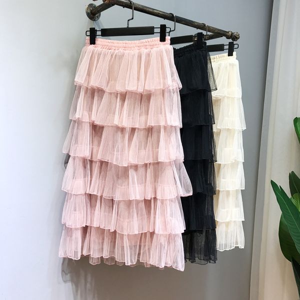 

summer layered skirts women elastic high waist pleated midi tulle skirt tiered ladies casual skirt korean fashion style 2018, Black