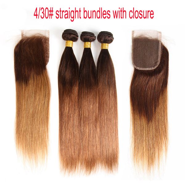 

virgin brazilian hair 3/4 bundles ombre brown blonde human hair weaves with lace closure straight brazilian human hair extensions, Black;brown