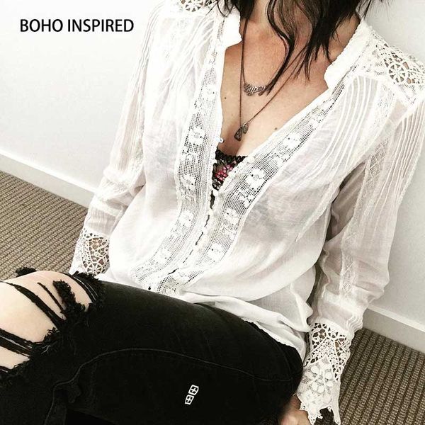 

boho inspired blouse white cotton lace floral embroidery women's shirt loose boho chic v-neck long sleeve tunic blusas