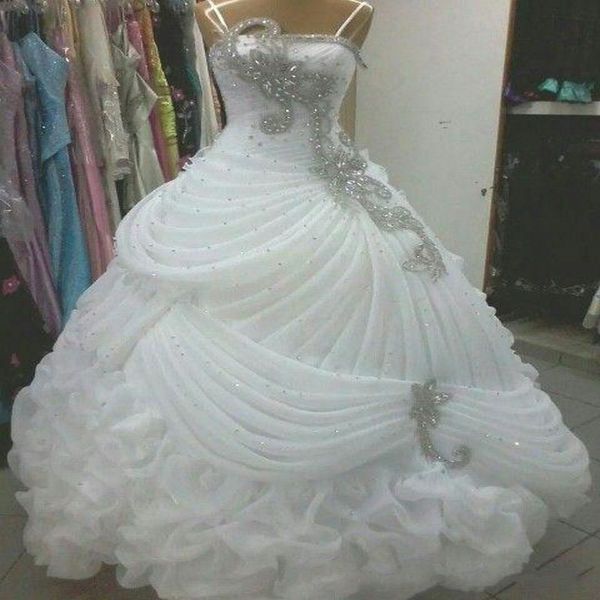 luxury spaghetti wedding dresses crystal beaded sequins ruffles a line wedding dress sweep train ball gown elegant bridal gown, White
luxury spaghetti wedding dresses crystal beaded sequins ruffles a line wedding dress sweep train ball gown elegant bridal gown, White