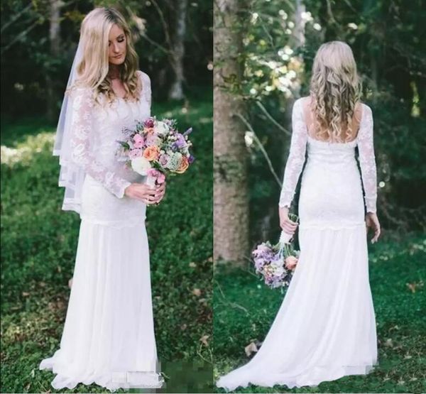 2018 country bohemian wedding dresses full lace sheer long sleeves sweep train bridal gowns sheath lace wedding dress, White
2018 country bohemian wedding dresses full lace sheer long sleeves sweep train bridal gowns sheath lace wedding dress, White
