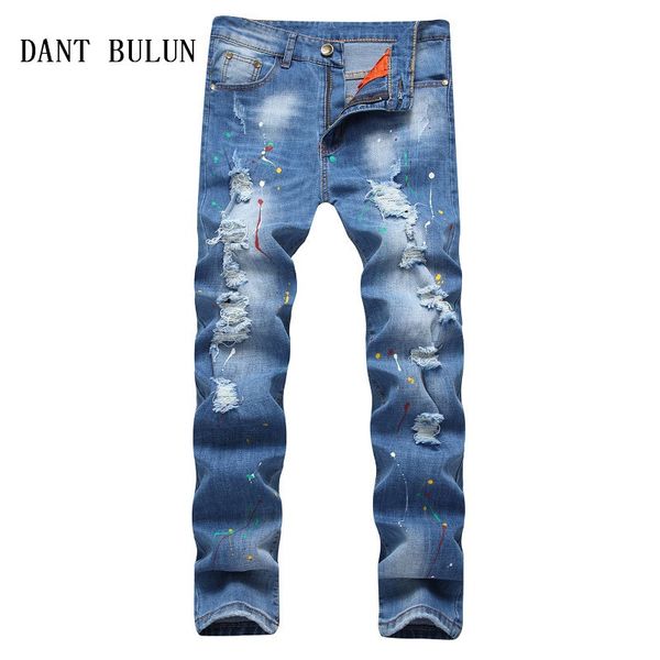 

dant bulun 2018 summer men jeans biker holes ripped hip hop slim fit cotton denim ink pants casual blue pants trousers,l704