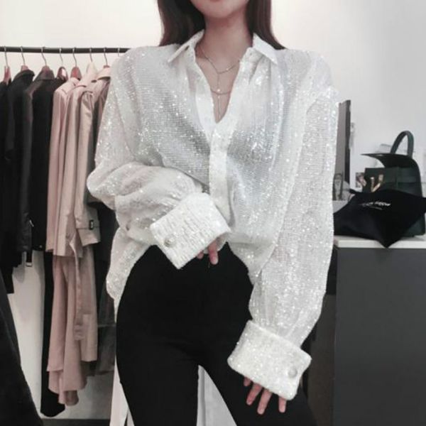 ladies fashion sequined shirts loose beading cardigan lapel metal buckles long lantern sleeve loose sequins blouses jacket coat, White
ladies fashion sequined shirts loose beading cardigan lapel metal buckles long lantern sleeve loose sequins blouses jacket coat, White
