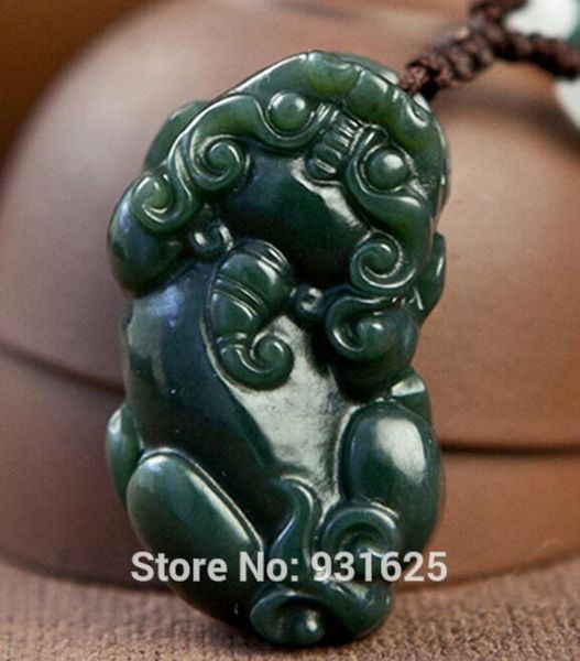 

natural real hetian yu hand-carved chinese pixiu blessing lucky amulet green pendant + rope necklace jewelry, Black