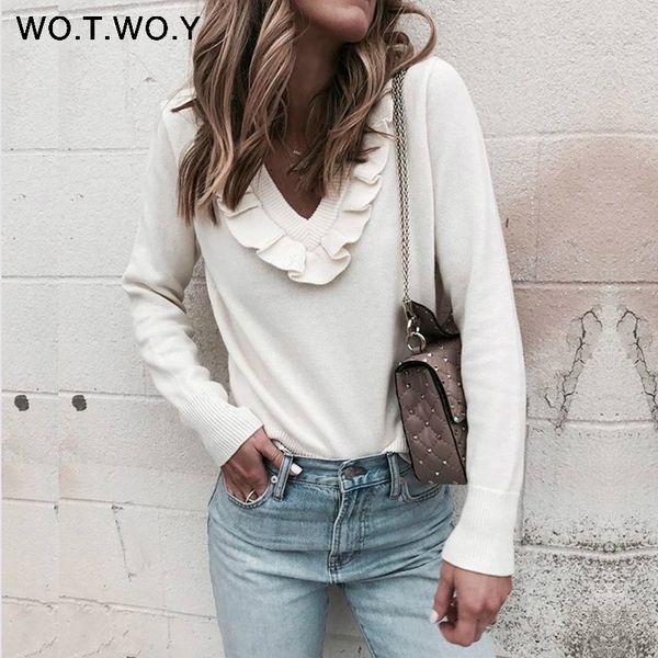 wotwoy ruffles cashmere sweater women kintted pullovers 2018 autumn winter wool casual sweaters women v-neck pink white jumpers s18100803, White;black
wotwoy ruffles cashmere sweater women kintted pullovers 2018 autumn winter wool casual sweaters women v-neck pink white jumpers s18100803, White;black