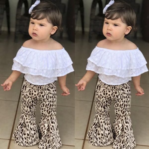 toddler baby girls lace solid off shoulder +leopard print pants set outfits solid sleeveless outfits, White 
toddler baby girls lace solid off shoulder +leopard print pants set outfits solid sleeveless outfits, White