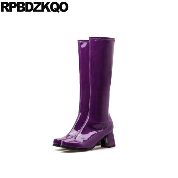 fall chunky high heel wide calf knee purple ladies fur round toe trend waterproof winter boots women shoes long patent leather, Black 
fall chunky high heel wide calf knee purple ladies fur round toe trend waterproof winter boots women shoes long patent leather, Black