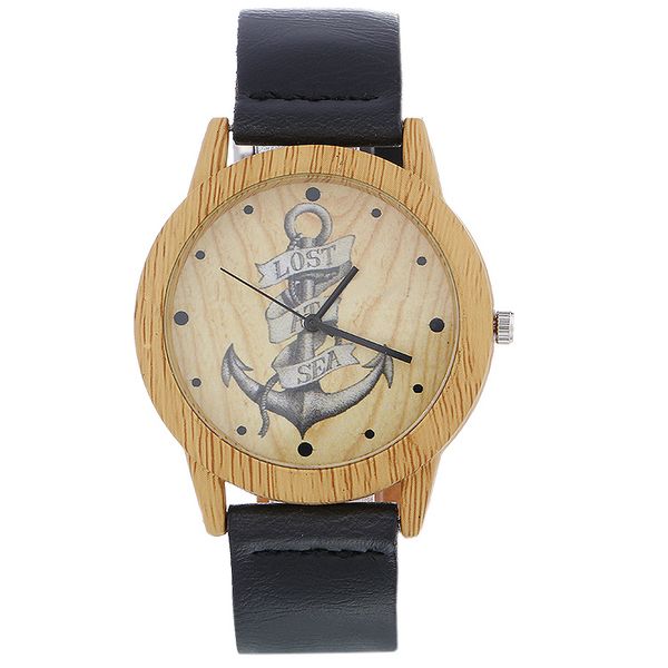 

factory wholesale anchor wooden wristwatch for men's fashion watch gifts with cowhide leather watchband women casual wood watch, Slivery;brown