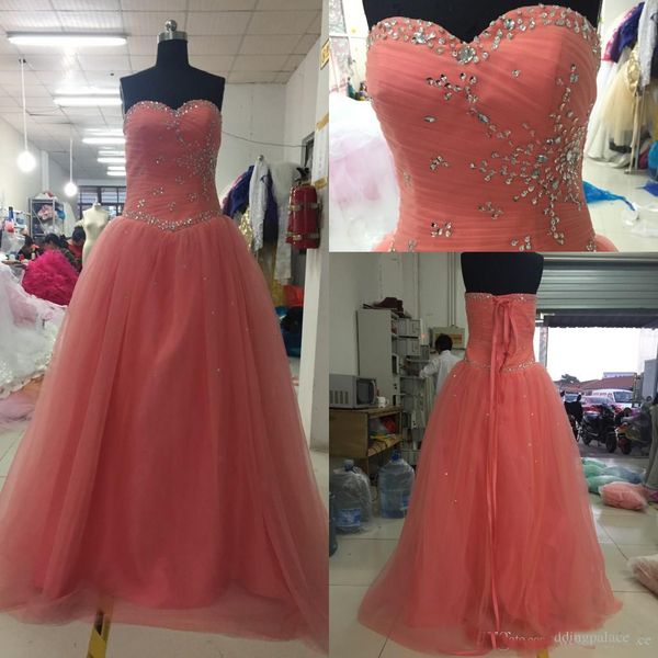 2019 Sweetheart Quinceanera Dresses Real Tulle Satin A-line Crystal Beaded Corset Lace Up Back Ball Gown Evening Prom Dress Sweet 16 Dresses