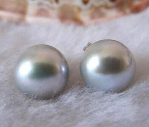 genuine 10mm gray akoya shell pearl 925 silver pin earrings, Golden