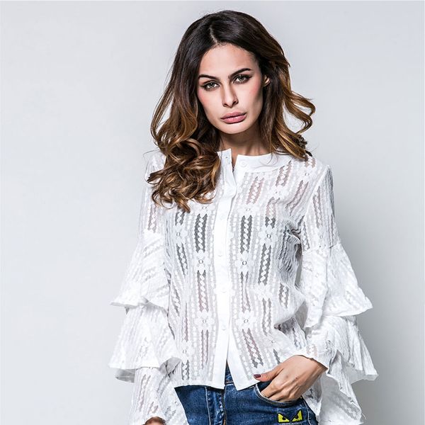 

2018 new white lace blouse shirt hollow out mesh transparent see through blusas women long ruffle sleeve vkts1000