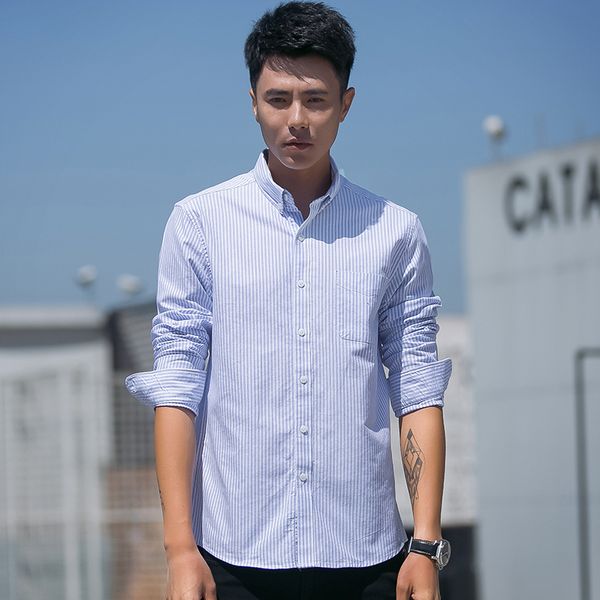men's long sleeve striped oxford dress shirt with left chest pocket male casual regular-fit buttoned down gentlemen's shirts, White;black
men's long sleeve striped oxford dress shirt with left chest pocket male casual regular-fit buttoned down gentlemen's shirts, White;black