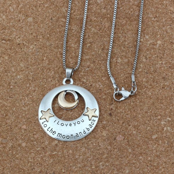 10pcs / lot Antique silver "I love you to the moon and back " Charm Pendant Necklaces 24 inches Chains Jewelry DIY A-287d
10pcs / lot Antique silver "I love you to the moon and back " Charm Pendant Necklaces 24 inches Chains Jewelry DIY A-287d