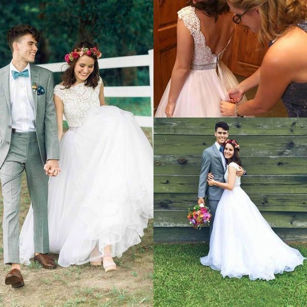 страна кружева свадебные платья с бисером пояса 2018 скромный драгоценный камень низкой задней тюль юбка cap рукавом открытый фермы сад boho, White 
страна кружева свадебные платья с бисером пояса 2018 скромный драгоценный камень низкой задней тюль юбка cap рукавом открытый фермы сад boho, White