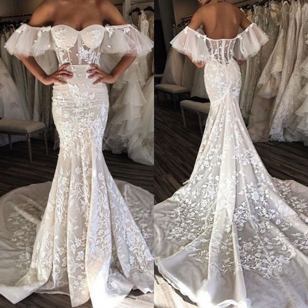 gorgeous mermaid wedding dresses with lace appliques off the shoulder wedding gowns short sleeves tulle exposed boning bridal dress, White
gorgeous mermaid wedding dresses with lace appliques off the shoulder wedding gowns short sleeves tulle exposed boning bridal dress, White