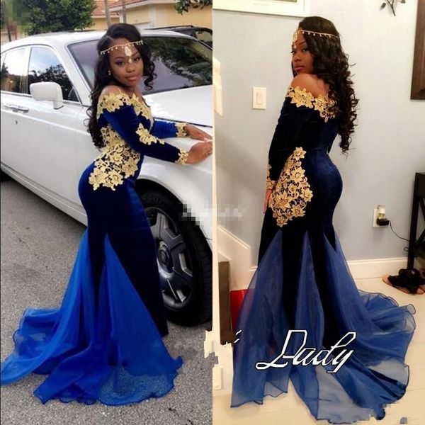 bateau neckline organza velvet royal blue off the shoulder mermaid evening prom dresses with gold appliques robes de soiree tendance longue, Black;red
bateau neckline organza velvet royal blue off the shoulder mermaid evening prom dresses with gold appliques robes de soiree tendance longue, Black;red