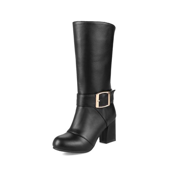 women's winter mid calf high heels boots buckle ladies fashion round toe chunky rubber heels boots cerdachic plus size, Black
women's winter mid calf high heels boots buckle ladies fashion round toe chunky rubber heels boots cerdachic plus size, Black