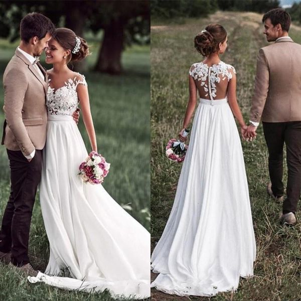 2018 Cheap Chiffon Sheer Neck Beach Country Wedding Dresses Cap Sleeves Lace Appliques Floor Length Backless Bridal Gowns Custom Made, White
2018 Cheap Chiffon Sheer Neck Beach Country Wedding Dresses Cap Sleeves Lace Appliques Floor Length Backless Bridal Gowns Custom Made, White