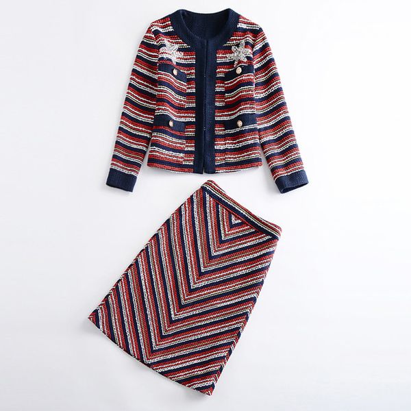 european and american women's wear autumn 2018 the new long sleeve nail bead dark buckle coat + skirts stripe tweed suit, White
european and american women's wear autumn 2018 the new long sleeve nail bead dark buckle coat + skirts stripe tweed suit, White