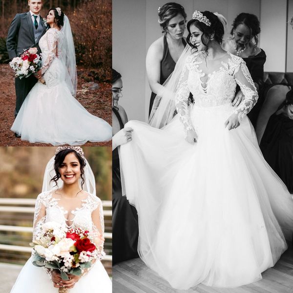 gorgeous plus size lace wedding dresses with detachable train sheer jewel neck bridal gowns a line long sleeves tulle vestido de novia, White
gorgeous plus size lace wedding dresses with detachable train sheer jewel neck bridal gowns a line long sleeves tulle vestido de novia, White