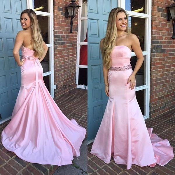 Pink Long Mermaid Bridesmaid Dresses 2019 Newest Strapless Ruched Sweep Train Beaded Waistline Elastic Satin Formal Party Gowns
Pink Long Mermaid Bridesmaid Dresses 2019 Newest Strapless Ruched Sweep Train Beaded Waistline Elastic Satin Formal Party Gowns