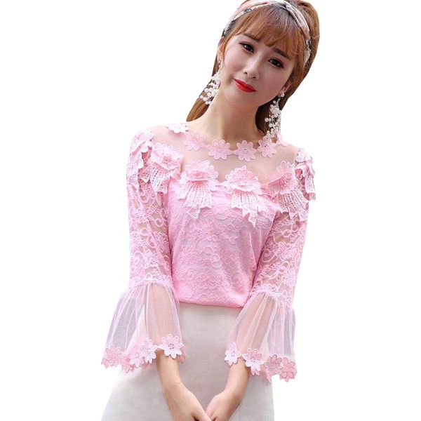 2018 new women o-neck bottoming shirt spring autumn sweet floral lace blouse female flare sleeve mesh blouses short ab1030, White
2018 new women o-neck bottoming shirt spring autumn sweet floral lace blouse female flare sleeve mesh blouses short ab1030, White