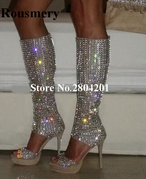 rousmery luxury bling rhinestone high platform cut-out knee high crystal thin heel gladiator boots party night club shoes, Black
rousmery luxury bling rhinestone high platform cut-out knee high crystal thin heel gladiator boots party night club shoes, Black