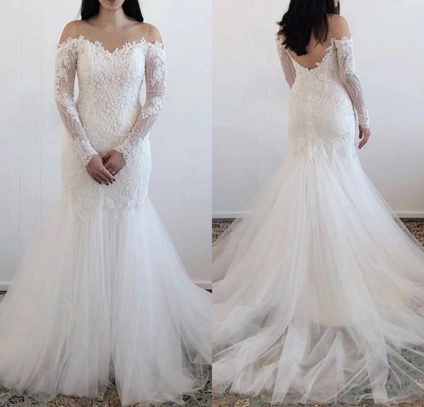 2019 mermaid wedding dresses off the shoulder backless sweep train lace appliques long sleeve bridal gowns plus size wedding dress, White
2019 mermaid wedding dresses off the shoulder backless sweep train lace appliques long sleeve bridal gowns plus size wedding dress, White