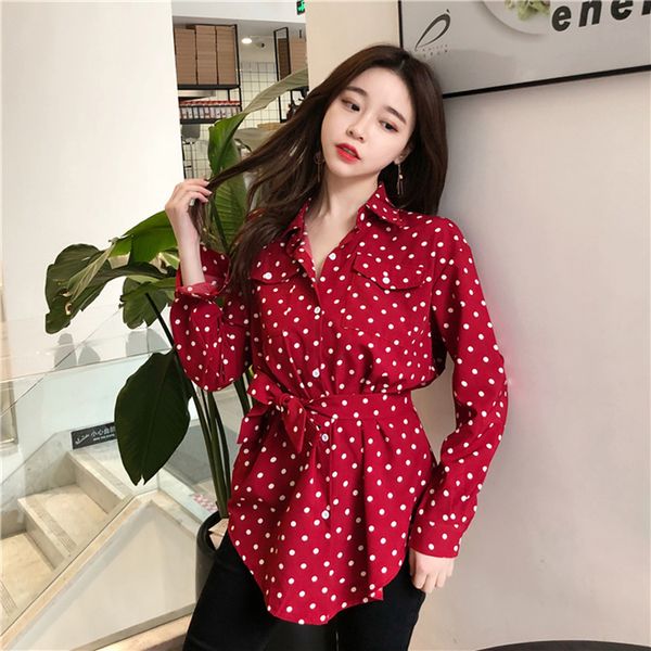 casual polka dot turn-down collar red bandage blouses women pockets long sleeve and shirts ladies chic chemise 2018, White
casual polka dot turn-down collar red bandage blouses women pockets long sleeve and shirts ladies chic chemise 2018, White
