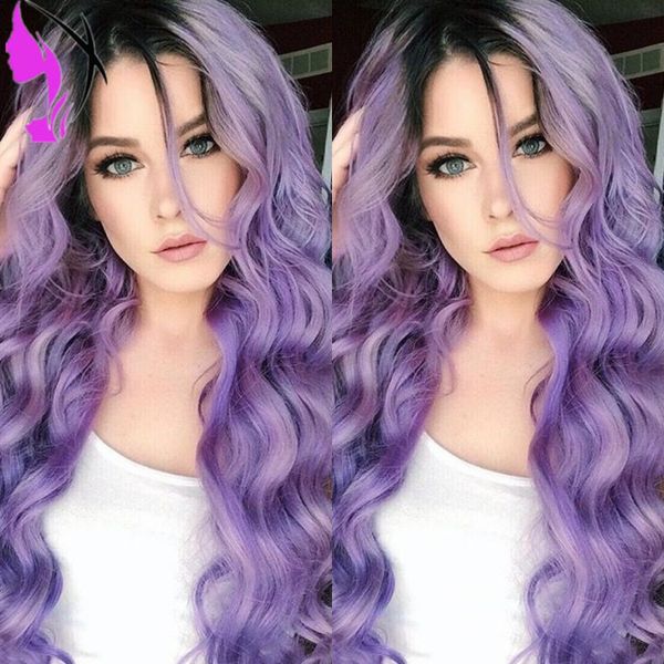 side part long loose wave cosplay synthetic lace front wigs heat resistant fiber dark root purple ombre wig for halloween, Black
side part long loose wave cosplay synthetic lace front wigs heat resistant fiber dark root purple ombre wig for halloween, Black