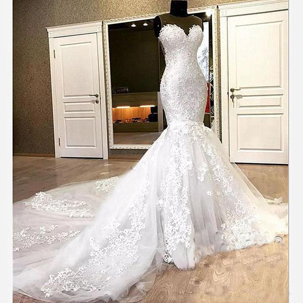 Gorgeous Mermaid Lace Wedding Dresses Appliques Beads Long Chapel Train Sheer Neck 2018 Bridal Dress For Women robes de mariee
Gorgeous Mermaid Lace Wedding Dresses Appliques Beads Long Chapel Train Sheer Neck 2018 Bridal Dress For Women robes de mariee