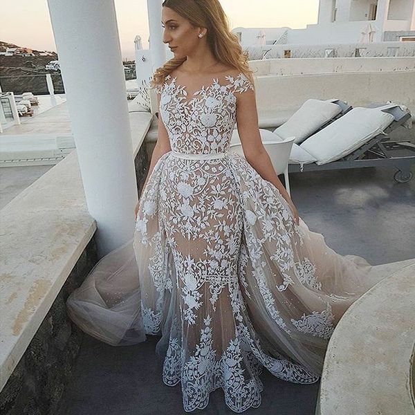 custom lace apliques mermaid wedding dresses 2020 with long detachable train cap sleeves wedding bridal gowns, White
custom lace apliques mermaid wedding dresses 2020 with long detachable train cap sleeves wedding bridal gowns, White