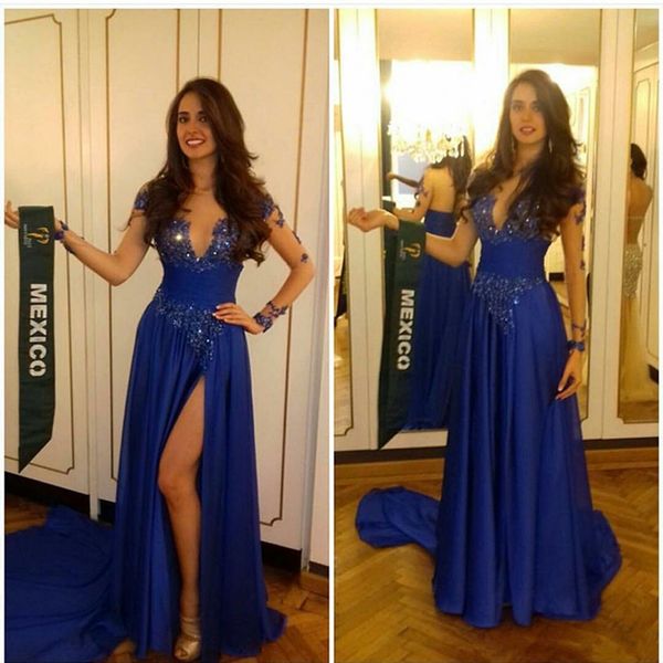 blue split shining crystal beaded prom dresses illusion jewel long sleeves formal gowns custom made prom party dress, Black
blue split shining crystal beaded prom dresses illusion jewel long sleeves formal gowns custom made prom party dress, Black