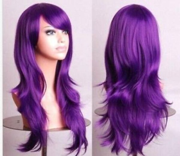 purple 70cm women curly wavy hair wig fashion cosplay, Black;brown