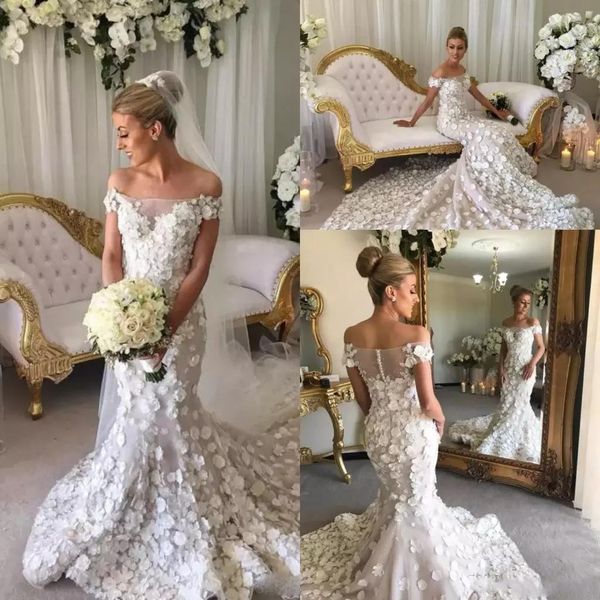 Gorgeous Off The Shoulder Mermaid Wedding Dresses Long Petals Handmade Appliques Long Wedding Dress Sheer Back Covered Buttons Bridal Gowns
Gorgeous Off The Shoulder Mermaid Wedding Dresses Long Petals Handmade Appliques Long Wedding Dress Sheer Back Covered Buttons Bridal Gowns