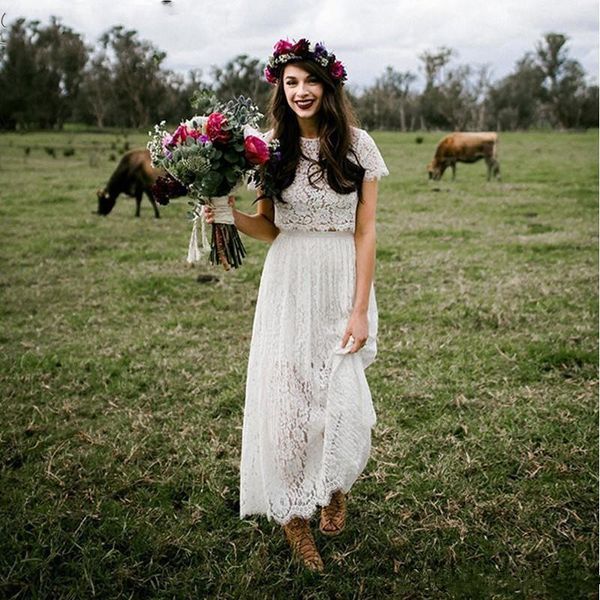 two pieces full lace casual wedding dresses short sleeve jewel neck elegant spring bridal gowns custom size, White
two pieces full lace casual wedding dresses short sleeve jewel neck elegant spring bridal gowns custom size, White