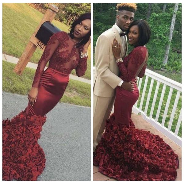 2018 sheer long sleeves burgundy mermaid prom dresses 3d handmade flowers lace appliques sequins beaded rose skirt evening party gowns, Black
2018 sheer long sleeves burgundy mermaid prom dresses 3d handmade flowers lace appliques sequins beaded rose skirt evening party gowns, Black