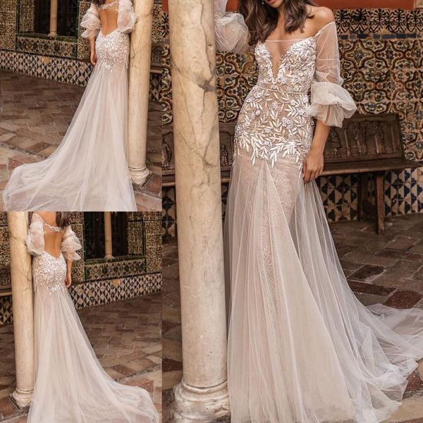 2018 berta mermaid wedding dresses off the shoulder open backless 3/4 long sleeve lace applique bridal gowns sweep train wedding dress, White
2018 berta mermaid wedding dresses off the shoulder open backless 3/4 long sleeve lace applique bridal gowns sweep train wedding dress, White