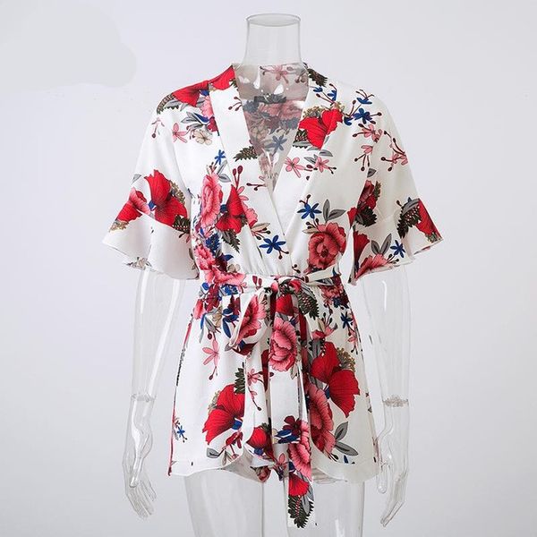 Casual Boho Red Floral Print Ruffles Playsuits Women Elegant Autumn White V Neck Jumpsuits Rompers Sexy Beach Girls Short Overalls