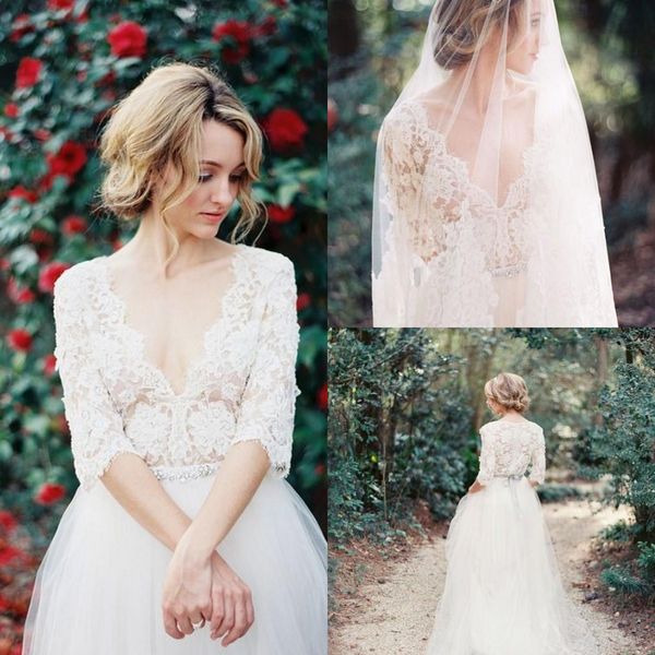 2018 country wedding dresses bohemian lace deep v neck 1/2 sleeves beaded sashes tiered tulle floor length boho wedding gowns bridal gowns, White
2018 country wedding dresses bohemian lace deep v neck 1/2 sleeves beaded sashes tiered tulle floor length boho wedding gowns bridal gowns, White