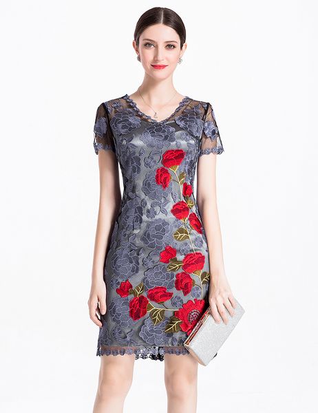 luxury women flower embroidery sheath dress sheer short sleeve party dresses 061810, White;black