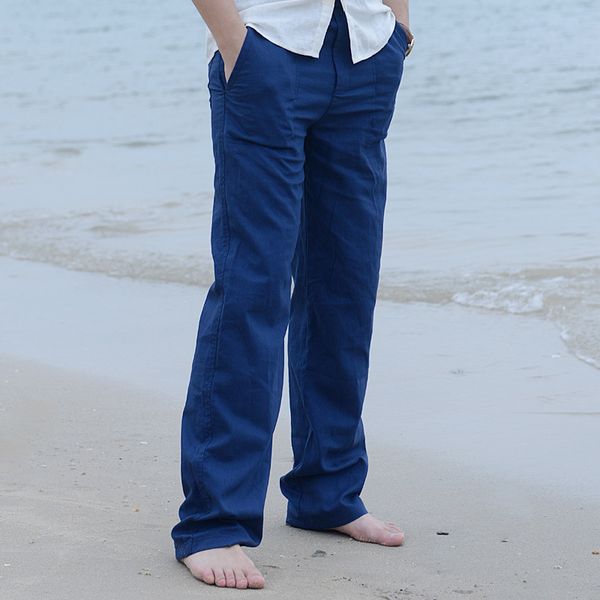 new men's summer casual pants natural cotton linen trousers white linen elastic waist straight man's pants y2374, Black