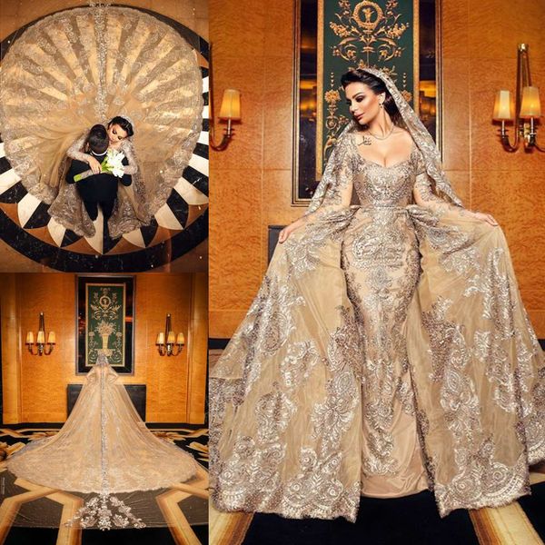 new designer champagne wedding dresses with detachable train long sleeve lace beads bridal gowns scoop neck robe de mariée soirée, White
new designer champagne wedding dresses with detachable train long sleeve lace beads bridal gowns scoop neck robe de mariée soirée, White