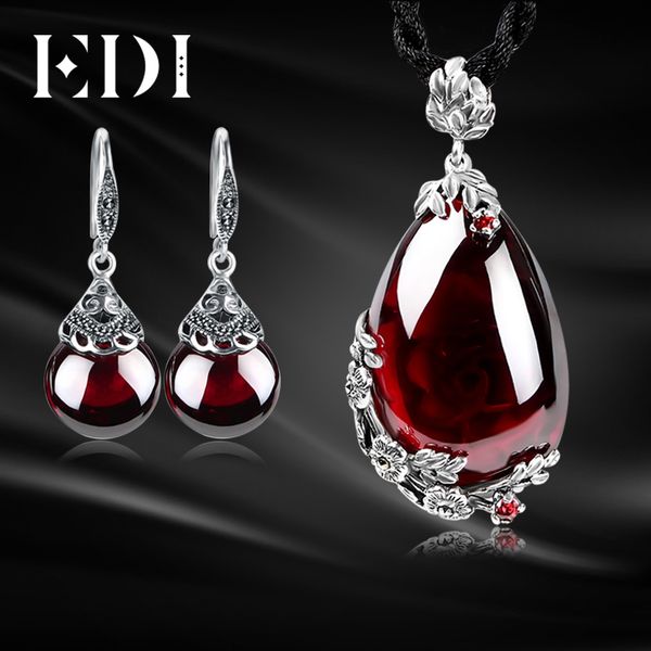 edi retro flower garnet pendant necklace drop earrings 100% 925 sterling silver for women jewelry sets, Black