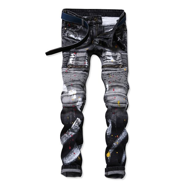 2018 spring new stretch skinny fake zipper spliced paited ink jeans men fashion casual gray slim jeans for male brand long pants, Blue
2018 spring new stretch skinny fake zipper spliced paited ink jeans men fashion casual gray slim jeans for male brand long pants, Blue