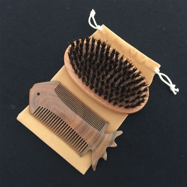 

3in1 boar bristle palm brush & dual action wood comb cotton bag set travel carry makeup fashion hair care styling tool men beard grooming