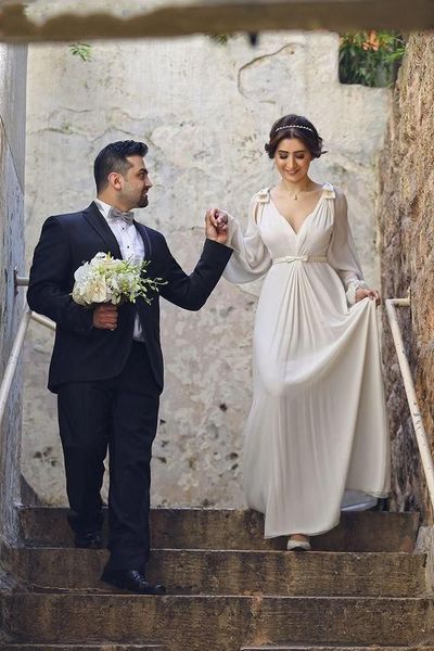 beach greek goddess wedding dresses with long sleeve cut bow floor length v neck elegant chiffon garden plus size bridal gowns, White
beach greek goddess wedding dresses with long sleeve cut bow floor length v neck elegant chiffon garden plus size bridal gowns, White